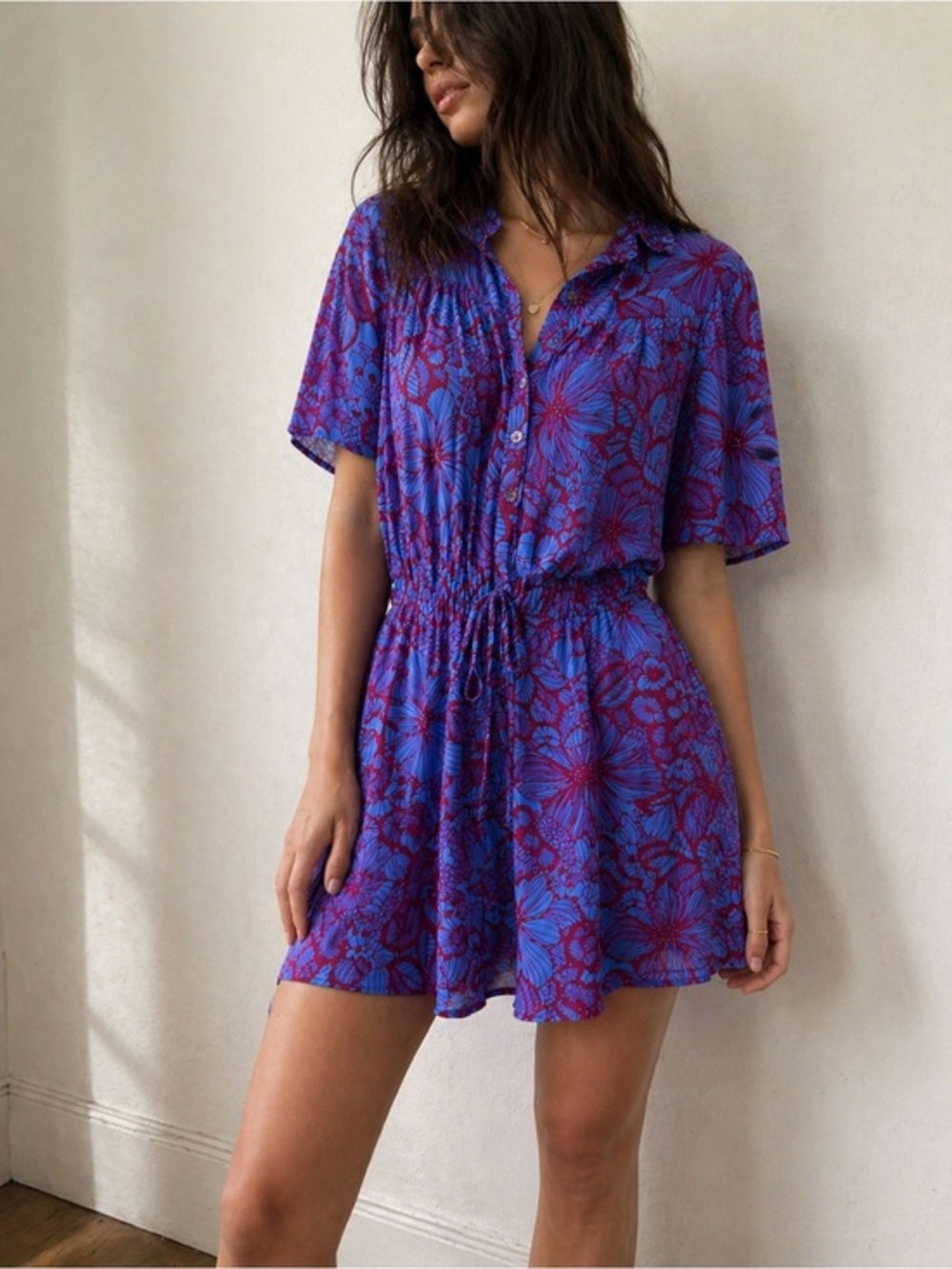 Gilner Farrar Blue Pink Floral‎ Mini Dress Tie Waist Small Summer Resort